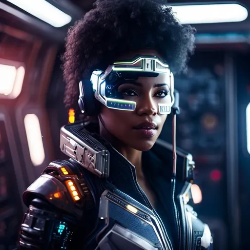 Prompt: Photo of a sweaty biracial woman on a space ship with an eyepatch, wearing a cyber punk suit, short hair, realistic 4K, extremely detailed, beautiful masterpiece