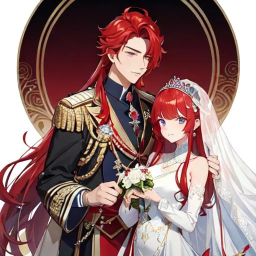 Prompt: Zerif 1male (Red side-swept hair covering his right eye) wearing a royal wedding suit, white shawl, 