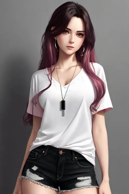 Prompt: oil painting, UHD,  8k, Very detailed, panned out view, whole character, beautiful Young adult, visible face, pink Long Hair which is buzzed of at the right Side, angry expression, lips straight, raised left eyebrow, long loose black low neckline t-shirt, shirt tucked in shorts, pearl earings, dog tags, orange eyes