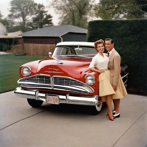 Prompt: 1950s Couple next to their brand new 1958 Plymouth Fury