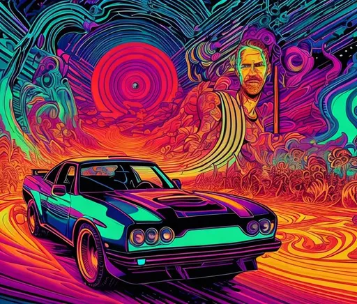 Prompt: Hypnotic illustration of paul walker, hypnotic psychedelic art by Dan Mumford, pop surrealism, dark glow neon paint, mystical, Behance