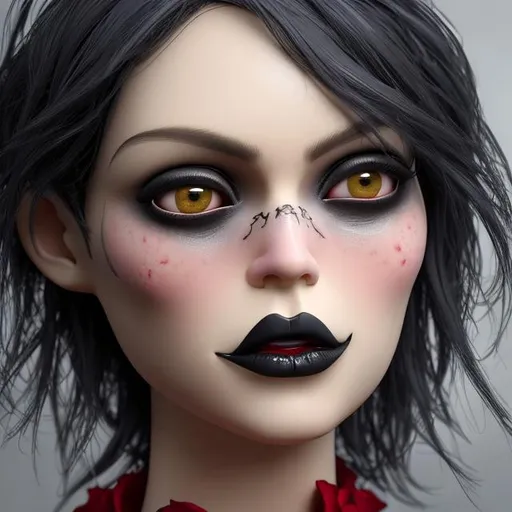 Prompt: masterpiece, best quality, 1girl, solo, (natural skin texture, realistic eye and face details:1. 5), (dark:1. 4), deep shadow, extremely detailed lady, detailed eyes and face, piercing eyes, red lipstick, no black eyeliners, detailed goth clothing, ponytails, black hair, Nikon d850 film, hyper-realistic, real-life texture, dramatic, lighting, unreal engine, (facial clarity:1. 5), (transparent clothes:1. 1) gothic style, black lace, tattoo