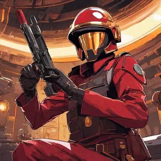 Prompt: A soldier in Red Wine high elegant uniform. Gold helmet. He wears a golden helmet. with a black visor.
He wields a pistol. In background a scifi alley. He is firing. Rpg art. 2d art. 2d. Detailed. Well draw face. 