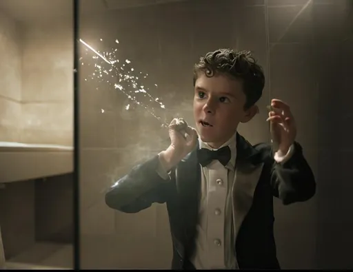 Prompt: 13 year old boy in a tuxedo casting a crazy magic spell from the outside of a bathroom stall with his magic wand, but the spell he cast happens on the inside of the bathroom stall because he cast the spell on the person inside who is warring a T shirt 