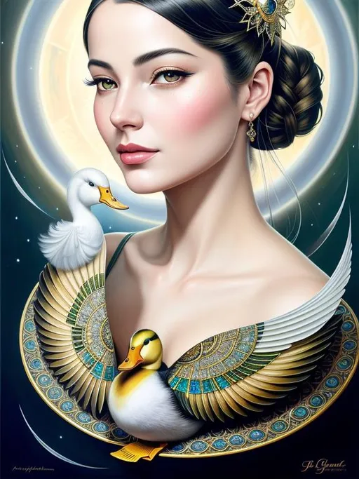 Prompt: Create a breathtaking and lifelike painting inspired by Anna Dittmann's "The Duck Queen" artwork. Your painting should be a captivating and detailed piece of fantasy art that showcases the intricate beauty of the original work. Pay close attention to the lighting and shading of the subject to achieve a photorealistic effect. Experiment with a range of brush strokes and techniques to create texture and depth in the queen's feathers and ensure that every detail is meticulously rendered to bring the painting to life. In terms of composition, consider the placement of the queen within the frame and the use of negative space to enhance the overall aesthetic. Use a variety of triadic color schemes and tones to create a mood that is both alluring and mysterious. Your painting should be of the highest quality, with a resolution suitable for printing in high definition. Take inspiration from the original artwork and add your own unique touches to create a stunning fantasy art piece that is sure to enchant and inspire.