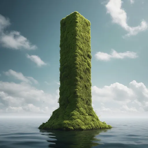Prompt: Moss skyscraper that is alive. In the middle of an calm open ocean. 