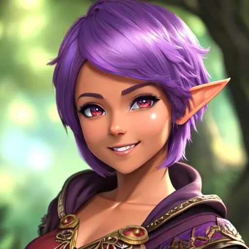 Prompt: oil painting, D&D fantasy, tanned-skinned-gnome girl, tanned-skinned-female, short slender, beautiful, short bright purple hair, long pixie cut hair, smiling, pointed ears, looking at the viewer, Wizard wearing intricate adventurer outfit, #3238, UHD, hd , 8k eyes, detailed face, big anime dreamy eyes, 8k eyes, intricate details, insanely detailed, masterpiece, cinematic lighting, 8k, complementary colors, golden ratio, octane render, volumetric lighting, unreal 5, artwork, concept art, cover, top model, light on hair colorful glamourous hyperdetailed medieval city background, intricate hyperdetailed breathtaking colorful glamorous scenic view landscape, ultra-fine details, hyper-focused, deep colors, dramatic lighting, ambient lighting god rays, flowers, garden | by sakimi chan, artgerm, wlop, pixiv, tumblr, instagram, deviantart