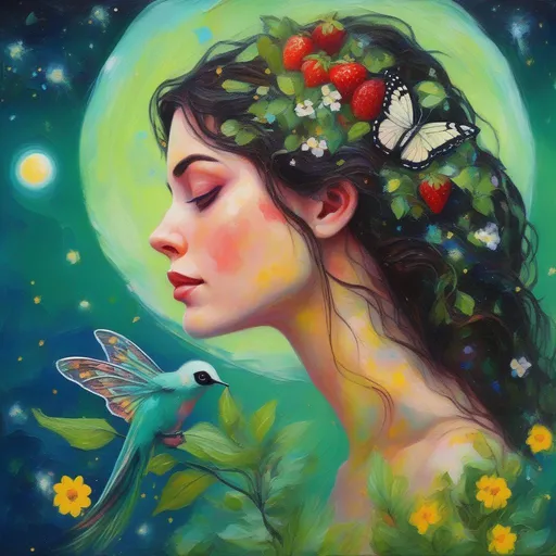 Prompt: A profile beautiful and colourful picture of Persephone with brunette hair with sparkles in it, and with light freckles, is surrounded by a green Luna Moth, Baby's Breath flowers, a chickadee bird, animals and strawberry plants, framed by the moon and constilations, in an impressionistic colourful acrylic palette knife style.