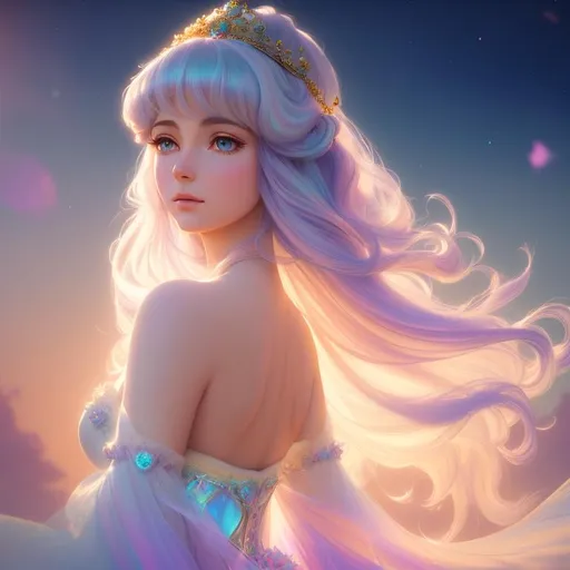 Prompt: Digital style painting, Lady Amalthea, style of Pixar, Fragonard, highly-detailed, cinematic, washed out palette, soft pastel color palette, light trails, sunny day, translucent, iridescent, long hair, arms visible, perfect composition, hyperrealistic, super detailed, 8k, high quality, sharp focus, intricate details, highly detailed, dynamic lighting, detailed and intricate environment, highest quality
