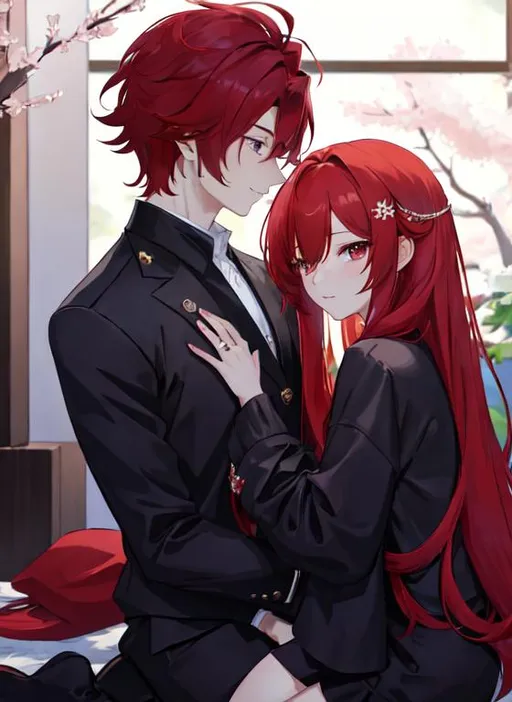Prompt: Zerif 1male (Red side-swept hair covering his right eye) asking Haley to marry him, 8K, UHD, best quality, under the cherryblossom trees, wearing a casual outfit, red hair, on his knees proposing, ring in his hand, bowing