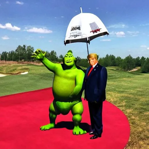 Prompt: Shrek, handsome, golfing, with Donald Trump, raining