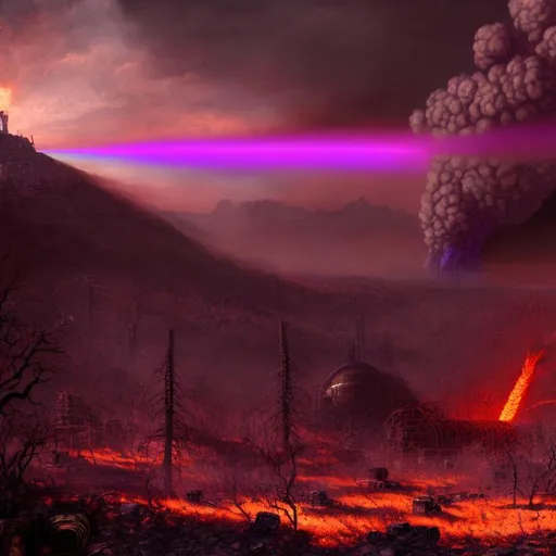 Prompt: nuclear fallout, radiation, violet hue, war, fire, very detailed, cinematic, cinematic lighting, ultra detailed, exotic, vivid detail, beautiful soft lighting, life like, photorealism, studio lighting, fantasy, dark, morbide