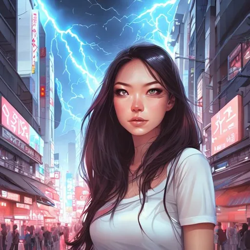 Prompt: "portrait, large tokyo street in background, a women looks at the flashes of lightning bolts in sky, dark sky by artgerm, illustration, trending on artstation, deviantart,"