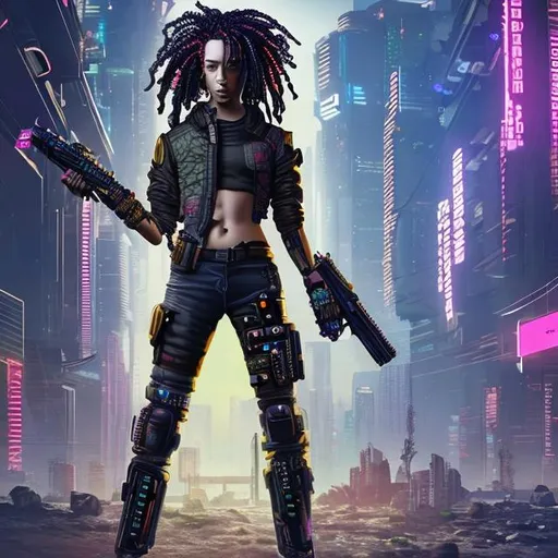 Prompt: cyberpunk female with dreadlocks and wielding a pistol