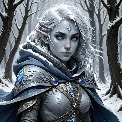 Prompt: Pencil sketch, intricate detail, DND character art. 25 year old beautiful female astral elf ranger with snow color features. Cold and blue atmosphere. Fierce presence. Wearing heavy, gray cloak. Heteroachroma. Dark winter forest. There is movement, stealth, grace.  Her hair is short and very wavy, with hair so white its almost blue