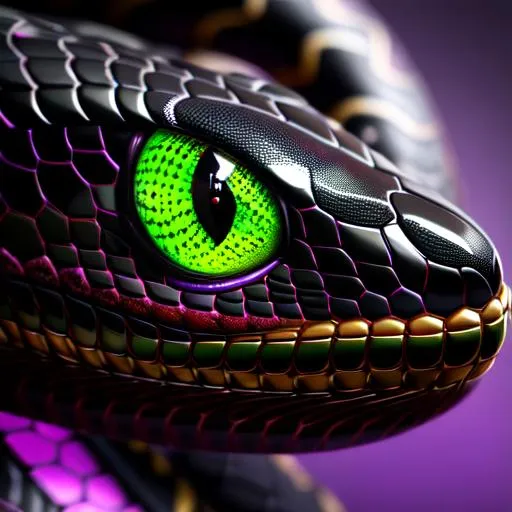 Prompt: a face shot of a twelve-foot snake with black and green markings and red eyes purple aura and a dragon-like face, very glossy and shiny, reflective, perfect composition, hyperrealistic, super detailed, 8k, high quality, trending art, trending on artstation, sharp focus, studio photo, intricate details, highly detailed, Trending on Artstation, Cozy wallpaper, Pastel colors, soft lighting