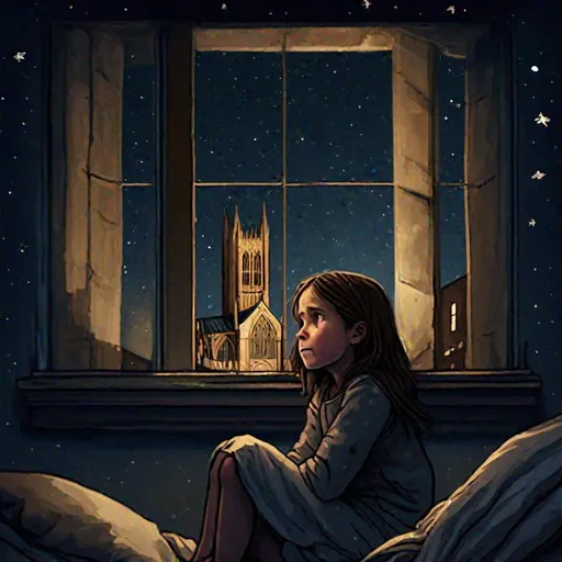 Prompt: Nine year old girl with brown hair cries sat in window at night looking up at the stars and Lincoln cathedral while other children sleep in the dormitory 