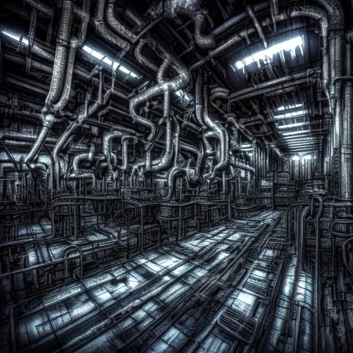 Prompt: factory in the style of h r giger