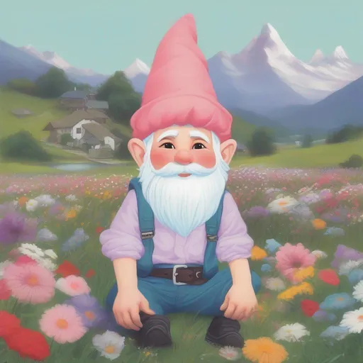 Prompt: (Gnome), Wearing a Flower Scrunchie, casual pastel clothing, landscape is full of flowers, best quality, masterpiece
