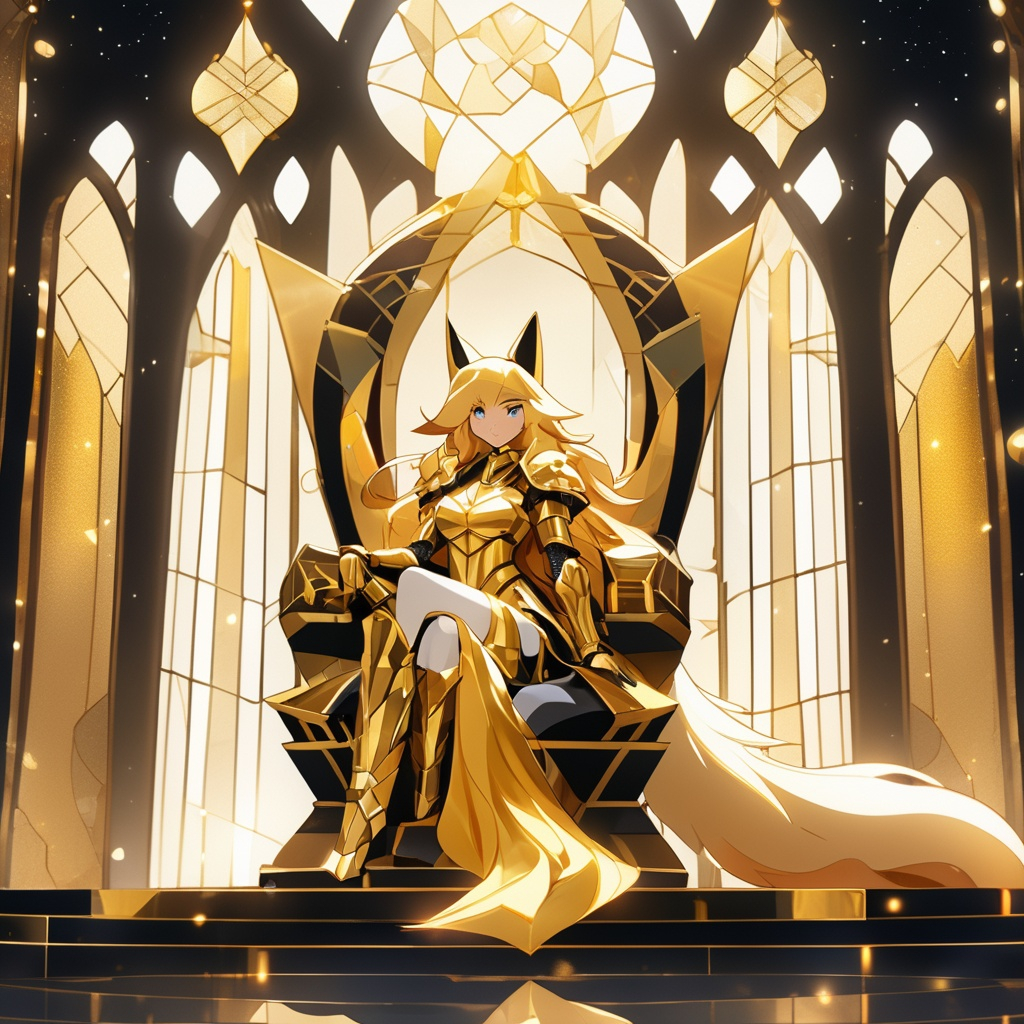 anthropomorphic anime lady fox with long gold hair sitting on a throne wearing golden light armor a