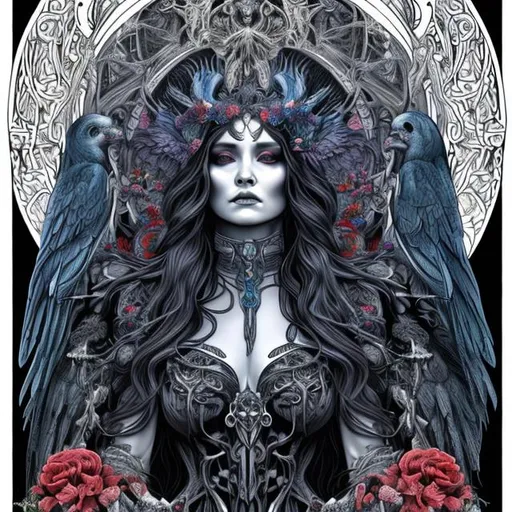 Prompt: ultra realistic coloring page goddess of death with raven face sitting on throne made out of skulls, surrounded by dark blue and red butterfly's in art nouveau plus digital art style

