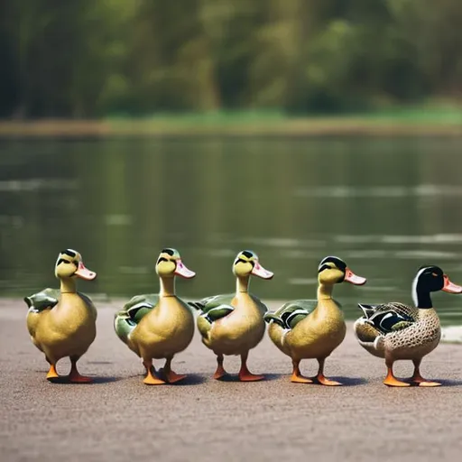 Prompt: Three ducks walking