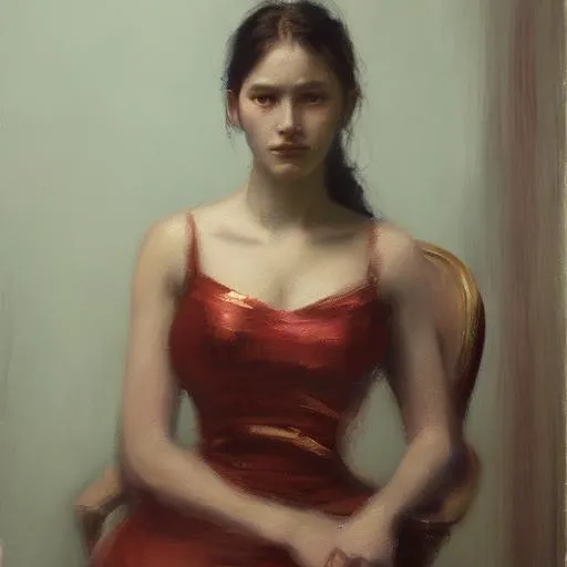 Prompt: An oil painting of young woman sitting in a chair deep in thought and posed like "The Thinker." Behind her, carnival mirrors distort the scene and reflect her endlessly.