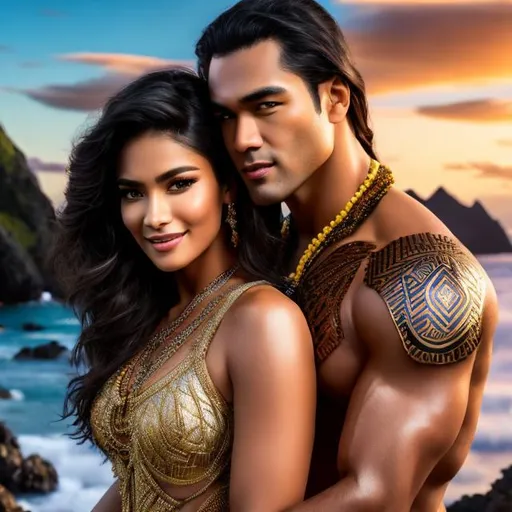 Prompt: "4k high res, ultra realistic full body image, beautiful female and handsome male Samoan couple (clear detailed emphasis on face) on a 4k ultra defined face, with (black) hair, dressed in traditional Samoan style with Luis Royo, Amy Sol, detailed, no disproportioned hands, limbs, faces, eyes, mouth, bright tropical background"