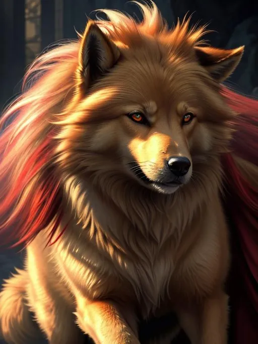 Prompt: 8k, 3D, UHD, masterpiece, oil painting, best quality, artstation, hyper realistic, perfect composition, zoomed out view of character, 8k eyes, Portrait of a (beautiful Ninetales), {canine quadruped}, thick glistening gold fur, deep sinister (crimson eyes), ageless, lives a thousand years, epic anime portrait, wearing a beautiful (silky scarlet and gold scarf), thick white mane with fluffy golden crest, golden fur lighlights, studio lighting, animated, sharp focus, intricately detailed fur, graceful, regal, cinematic, magnificent, sharp detailed eyes, beautifully detailed face, highly detailed starry sky with pastel pink clouds, ambient golden light, perfect proportions, nine beautiful tails with pale orange tips, insanely beautiful, highly detailed mouth, symmetric, sharp focus, golden ratio, complementary colors, perfect composition, professional, unreal engine, high octane render, highly detailed mouth, Yuino Chiri, Anne Stokes