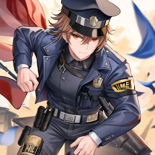 Prompt: Caleb as a police officer in a gunfight bullets flying
