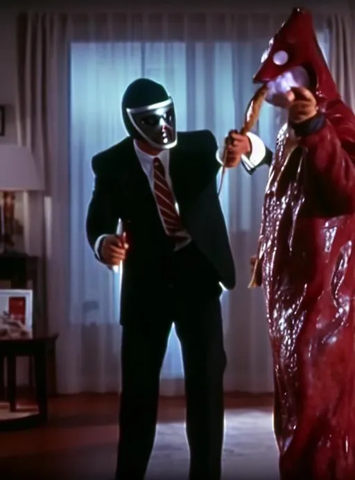 Prompt: Masked serial killer wielding a meat clever, in a living room, 80's horror movie.