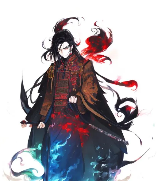 Prompt: high quality anime art of a male, 8k, long black hair straight, black iris, glowing blue eyes, wearing traditional chinese attire, black and blue fiery background