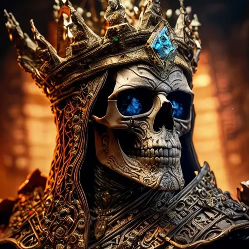 Prompt: Ancient skull of the wizard king wearing a jeweled and rusted crown side view hyper detailed extremely detailed dark cinematic UHD 64K

