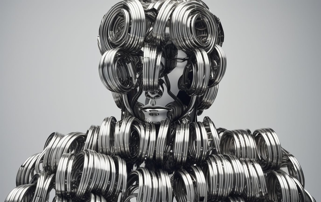 Prompt: human made of oscillating chrome rings