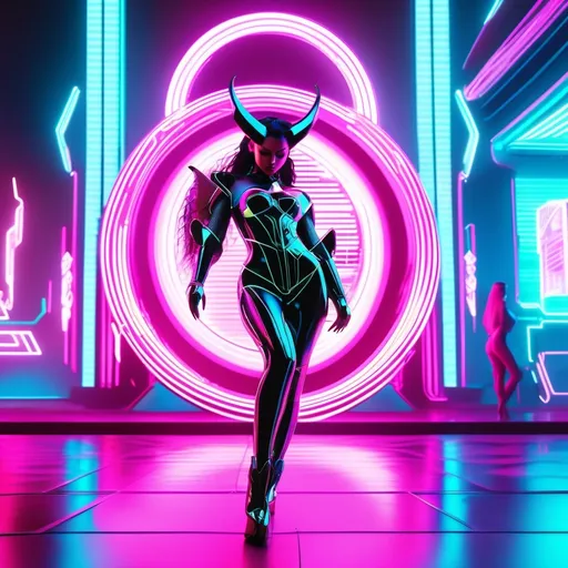 Prompt: a beautiful female demon in a dynamic pose in a retro futuristic synthwave cyberpunk neon paradise.  neon lighting, high quality, beautiful, synthwave, cyber, retro, futuristic