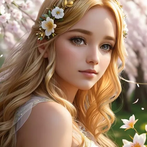 Prompt: fairy goddess of Springtime with golden hair with flowers woven into her hair, ethereal, facial closeup