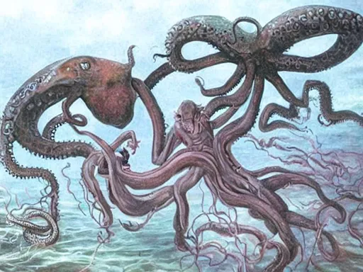 Prompt: Turn this photo into a picture of two children being attacked by a huge octopus-like sea monster in the style of lovecraft, but drawn like dali
