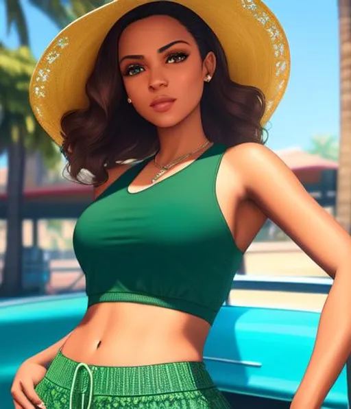 Prompt: Sydeon in Grand Theft Auto 5, in a two piece, wearing green sun hat, beautiful, brown skin, sunny day, highly detailed, realistic, los santos, at the beach, soft lighting, symmetry, fashion, ultrarealistic,full body, world masterpiece, perfect composition, intricate details, hyperrealistic, super detailed, Azulejo, HDR, 8k, high quality, unreal engine