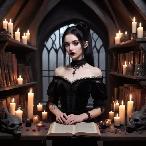 Prompt: An image of slim cute young witch, straight black hair in a high ponytail, has deep brown eyes and pale skin, wearing a gothic black dress with lace and velvet, accented by dark lipstick and a choker. 
An attic filled with flickering candles casting eerie shadows on the walls. Symbols drawn in chalk surround the space, shelves are cluttered with ancient books, crystals, and potion bottles. An altar in the center is adorned with rose petals, herbs, and glittering crystals. The atmosphere is both enchanting and spooky, with a sense of powerful, ancient magic in the air as the witches prepare their conjuration.