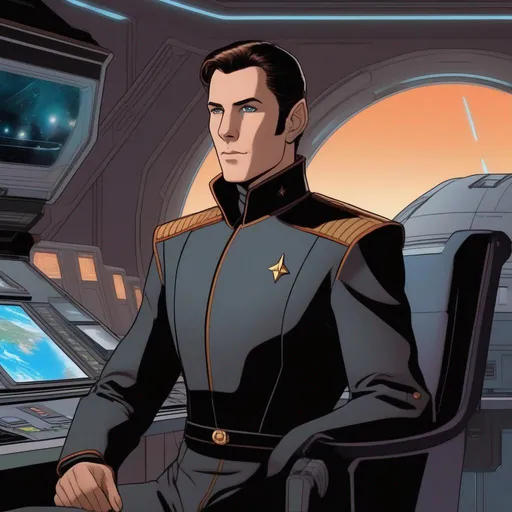 Prompt: a young muscular scifi starfleet admiral from vulcan, with short brown slicked back hair and elven pointed ears. pale skin, pointed elvish ears,  35 years old. He wears a 22th century retro futuristic black space coat. grey pants. black boots. in background a spaceport. he is sitting next to a holographic desk surrounded by petty officials and starship captains in anthracite uniforms. rpg. rpg art. 2d art. 2d. well drawn face. detailed.