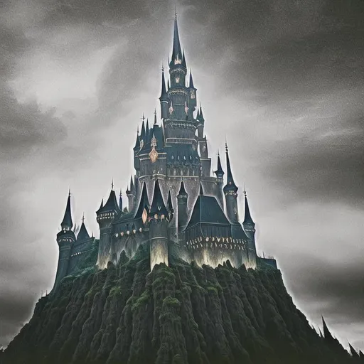 Prompt: a giant magical castle shaped like a skull, towering over the surrounding forest, photorealistic, ominous, deep colors