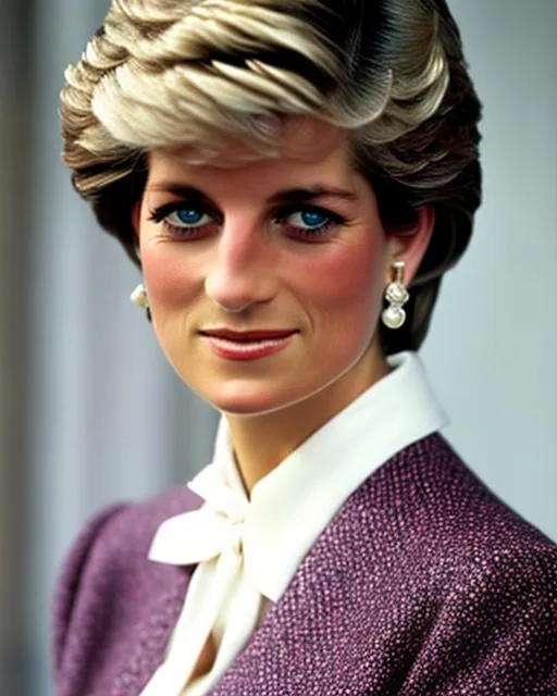 Prompt: Princess Diana's self-portrait embodies her sophisticated fashion sense. She poses in a chic, tailored outfit, exuding a sense of effortless style. The image is shot with a Sony Alpha 1 using a portrait lens, capturing her stunning beauty and capturing every intricate detail of her impeccable ensemble.