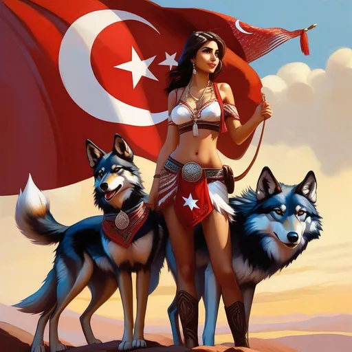 Prompt: Turkish wolfgirls, Turkish flag, cartoony style, extremely detailed painting by Greg Rutkowski and by Henry Justice Ford and by Steve Henderson 