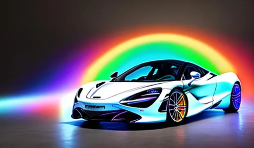 Prompt: mclaren 720s in white, with rainbow lighting in background, in studio