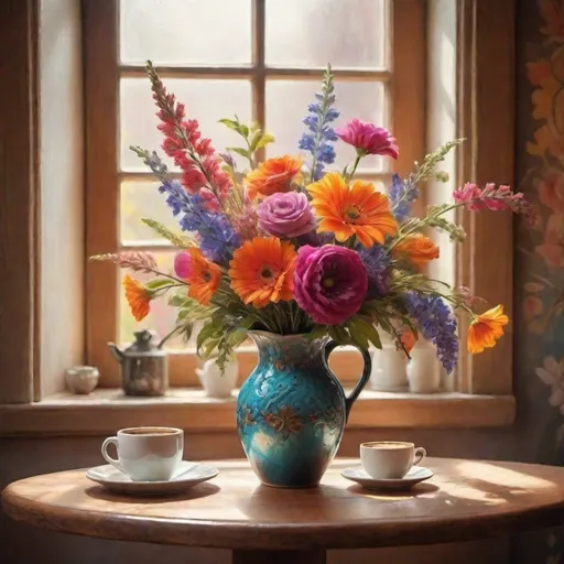 Prompt: Stunning flowers vase in window with showy painting in back wall along with delicate coffee mug on the table