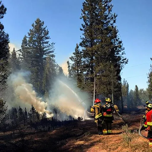 Prompt: firefighters fighting fire in forest