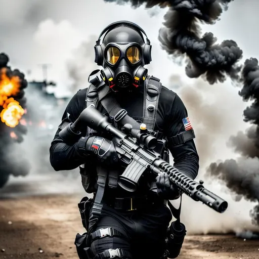 Prompt: Several mordern male black color with gas mask black, running with guns, Highly Detailed, Hyperrealistic, sharp focus, Professional, UHD, HDR, 8K, Render, electronic, dramatic, vivid, pressure, stress, nervous vibe, loud, tension, traumatic, dark, cataclysmic, violent, fighting, Epic.