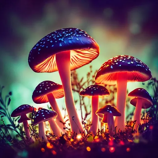 Prompt: mushrooms_and_flowers Ultra Detailed Artistic Photography, vector Midnight Aura, Night Sky, Dreamy, Glowing, Backlit, Glamour, Colorful