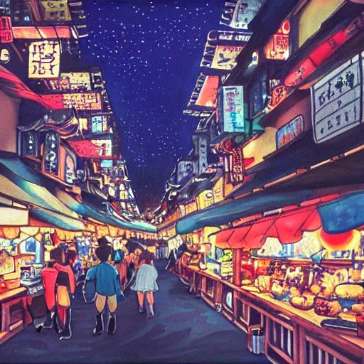 Prompt: painting of night market, studio Ghibli,  nostalgic lighting,  with dark colors, highly detailed, crisp quality, bokeh