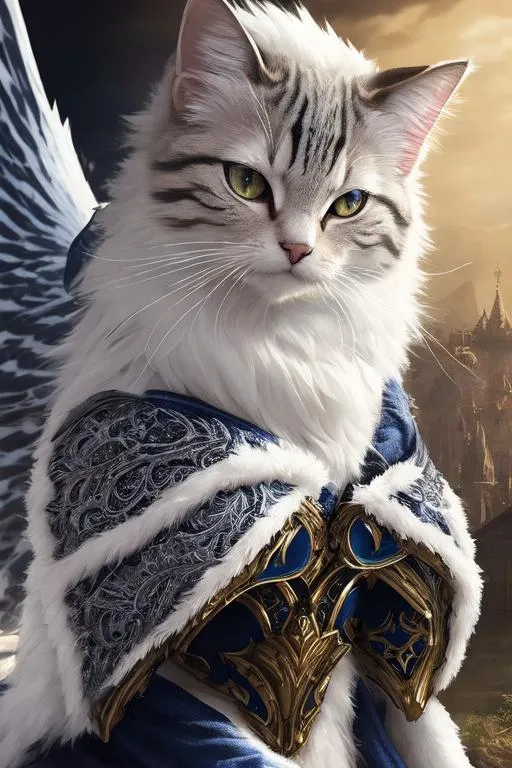 Prompt: winged cat, (masterpiece), (best quality:1.2), (intricate detail), dynamic angle, looking at viewer, (1male), ((solo)), (((full body))), (slender), (((tabaxi))), (((white fur))), ((blue pupils)), (((light armor))), black armor, ((cloak)), mysterious, ((ominous expression))